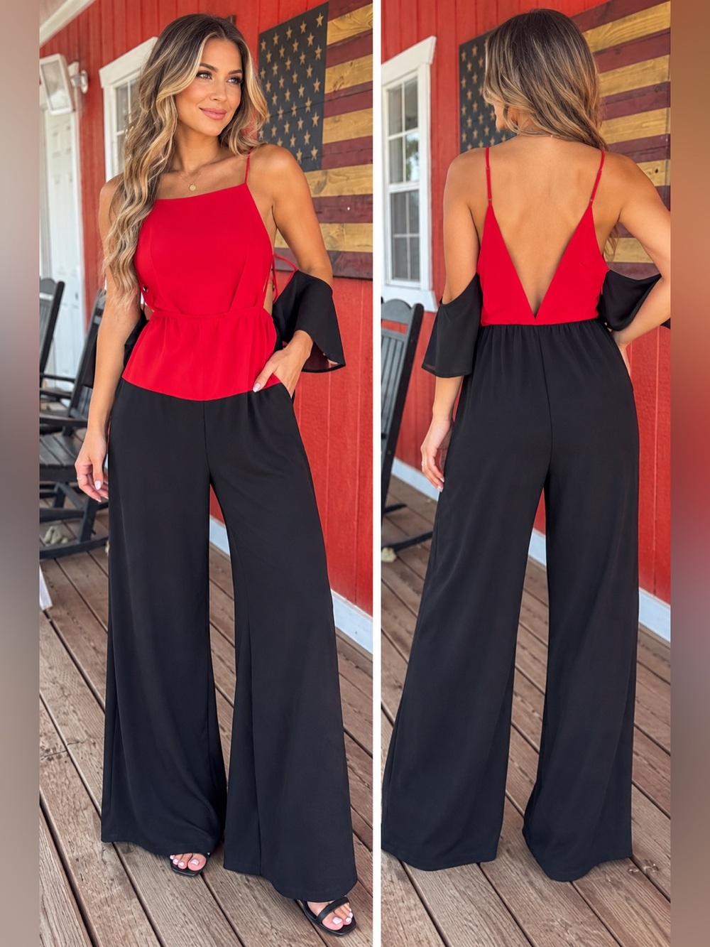 Glow Passion Red & Black Wide Leg Jumpsuit Spaghetti Strap Colorblock